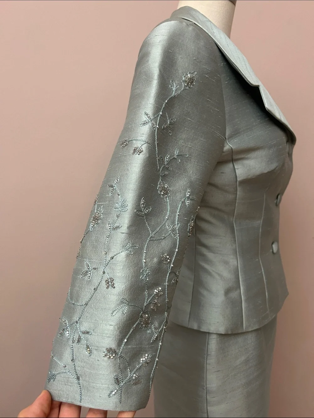 VTG Lillie Rubin Silver-Green Silk Wool Embroidered Skirt Suit set sz 6